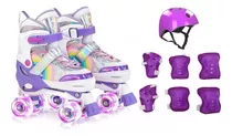 Patins Quad Lindo Roxo Ajustável + Kit Proteção Rodinhas Led