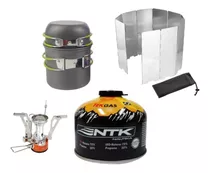 Kit Olla Camping + Protector De Viento Para Cocinilla + Gas