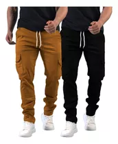 Kit 2 Calça Jogger Cargo Jeans Sarja Masculina Punho