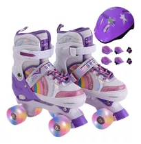 Patins Quad Arco Íris, Ajustável + Kit Proteção Rodinhas Led