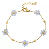 Pulsera De Acero Inoxidable Con Flores Azul Cielo