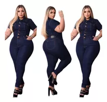 Macacão Longo Jeans Feminino Plus Size Modelador Manga Curta