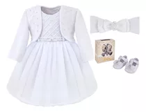 Kit Vestido De Menina Bebe Branco Batizado Princesa Luxo 