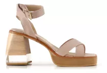 Sandalias Mujer Batistella Taco Acrilico Y Madera Cuero Nude