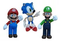 Bonecos Grandes Mario, Luigi E Sonic 23cm