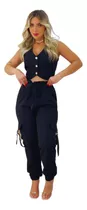 Conjunto Alfaiataria Feminino Preto Cropped E Calça Da Moda