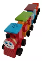 Juguete Artesanal Tren Madera Animado Juego Niños Color Marrón Personaje Carita