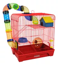 Gaiola Hamster 3 Andares Colorida Com Casa Tubos Vermelha