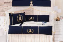 Kit Protetor De Berço Menino Príncipe Coroa Luxo 100%algodão Cor Azul-marinho