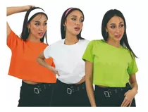 Pack X3 Mujer Remera Crop Manga Corta Algodon Basic 