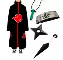Naruto Traje Akatsuki Itachi Kit Ninja Com Colar Verde 