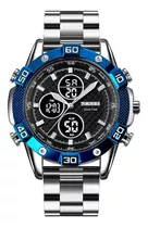 Reloj Hombre Skmei 1838 Acero Alarma Cronometro Elegante Color De La Malla Plateado/azul Color Del Fondo Negro