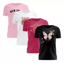 Kit 4 Tshirt Blusa Feminina Manga Curta Camiseta Estampada