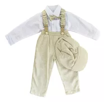 Conjunto Traje Bautizo Para Niño Tirantes Corbatín Y Boina 