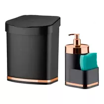 Kit Lixeira E Porta Detergente Preto Rose Gold 2pçs