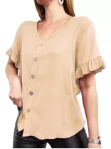 Camisa Lino Mujer Manga Corta Escote V Lisa Dama Botones