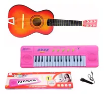 Kit Musical Piano Teclado Rosa + Mini Violão Infantil Menina