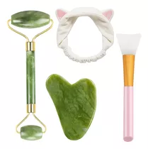 Set Rodillo Facial Jade Gua Sha + Bandana Brocha Mascarilla 