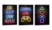 Quadro Decorativo 3 Telas Neon Gamer's Paradise - Ilumine