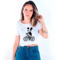 Cropped Adulto Branco Mickey Mouse Bibicleta Cartoon