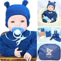 Boneca Menino Bebê Reborn Pijaminha Azul Escuro E Acessórios