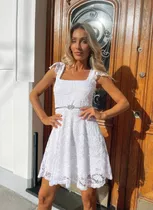 Vestido Civil Novia Blanco Escote Cuadrado Manga Corta Encaj