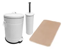 Kit Baño Cesto Acero Vintage Blanco 3l+ Alfombra + Escobilla