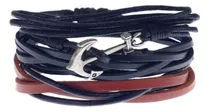 Conjunto Pulsera Brazalete Hombre Cuero 3 En 1 Dije Ancla 