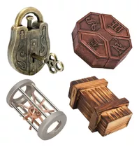 Kit 4 Quebra-cabeças Cadeado+amuleto+alcatraz+caixa Secreta