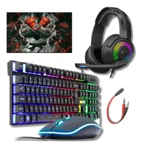 Kit Gamer Pro Teclado Mouse Rgb Usb Headset Fone Mousepad Pc