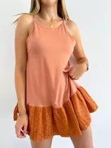 Vestido Corto Musculosa De Algodon Combinado Con Broderie