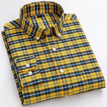 Camisa Oxford Xadrez Casual Masculina De Algodão De Manga Co