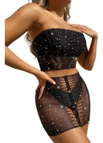 Body Top Mini Vestido Catsuit Red Erótico Sexy Negro Strass 