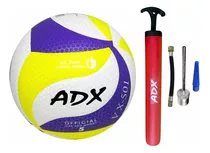 Balón Voleibol Vx501 + Bomba Adx Peso Y Medida Reglamentaria Color Amarillo Con Morado Y Blanco
