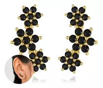 Aros Dorados Con Flores De Diamantes Negros, Aretes Colgante