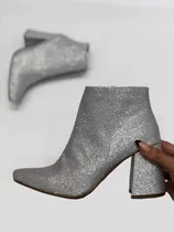 Botas Botinetas Plata Plateadas Con Brillo Glitter Taco Palo