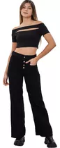 Jeans Wide Leg Mujer Striven Negro Rígido Tiro Alto Botones