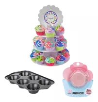 Soporte Para Cupcakes + Bandeja Molde+ Capacillos Reposteria