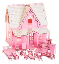 Mini Casa Casinha Infantil Rosa Com  Moveis Mdf -full