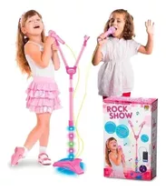 Microfone Duplo C/pedestal E Luz Infantil Mp3 Dm Toys Rosa