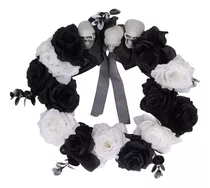 Coroa De Halloween Deadwood Plastic Skull Black White Flower