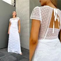 Vestido Largo Novia Manga Corta Encaje Y Liso Sencillo