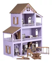 Casa Casinha De Boneca Polly Lilás + 36 Móveis+parquinho