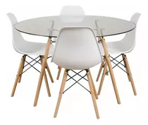 Comedor Mesa Eames Vidrio 100cm + 4 Sillas Eames Blancas