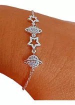  Pulsera Plata 925 Italiana Planeta Saturno Estrella Cristal