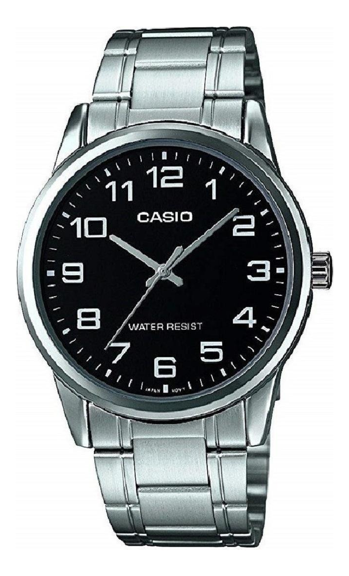Reloj de pulsera Casio Enticer MTP-V001 de cuerpo color plateado, analógico, para hombre, fondo negro, con correa de acero inoxidable color plateado, agujas color plateado, dial plateado, minutero/seg