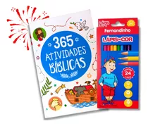 Kit Livro 365 Atividades Bíblicas Com Lápis De Cor 24 Cores Caderno Atividades Pintura Infantil Criança