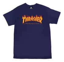 Polera Thrasher Modelo Flame Logo Navy Blue