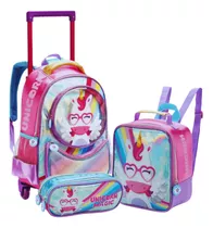 Kit Mochila Rodinha Escolar Infantil Unicórnio 3 Peças