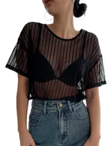 Remera Mujer Transparente Con Rayas - Negro 